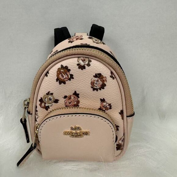COACH Mini Court Backpack Bag Charm W/ Rosette Print Blush Multi CAA68 Last One! - Picture 1 of 8